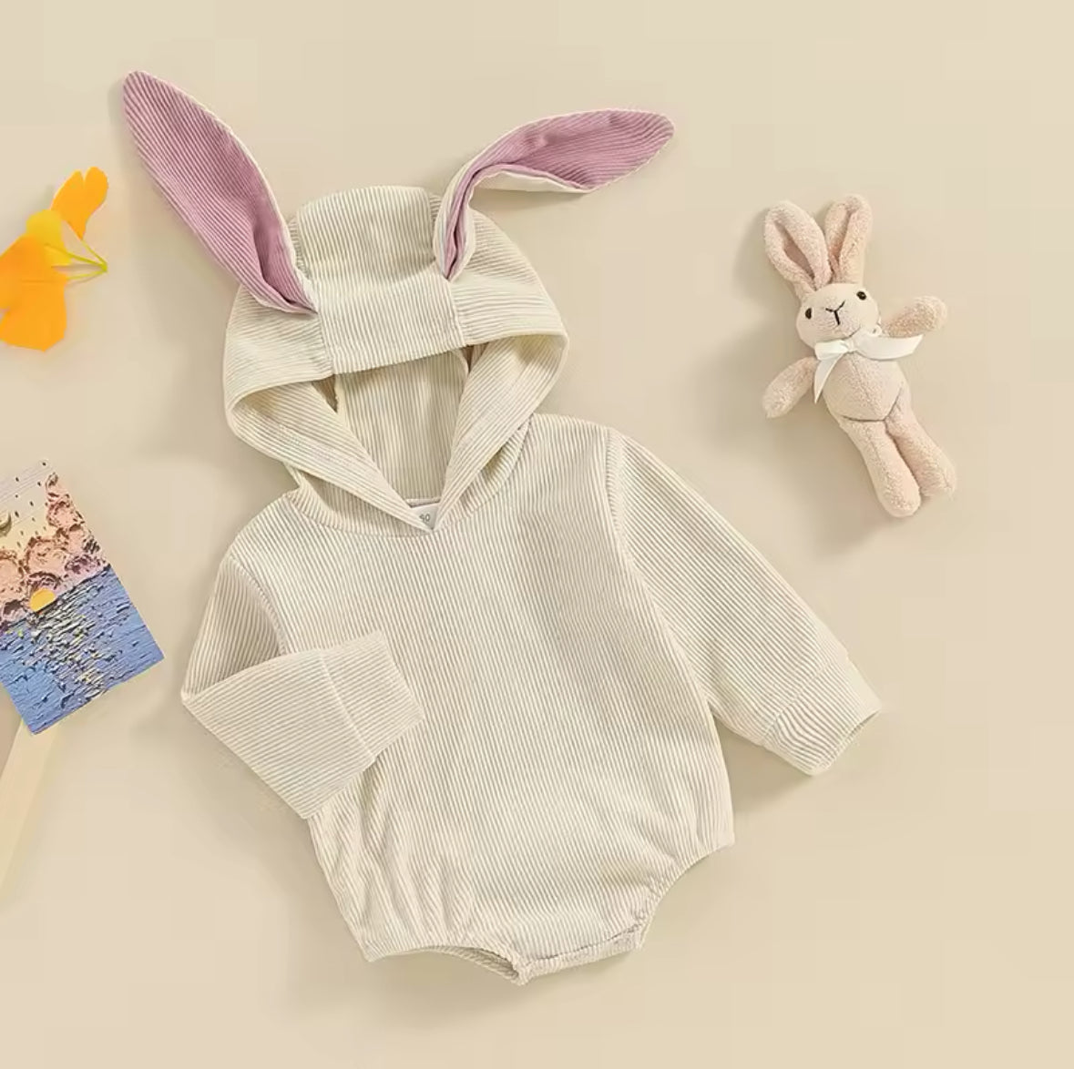 Ribbed bunny romper with hood